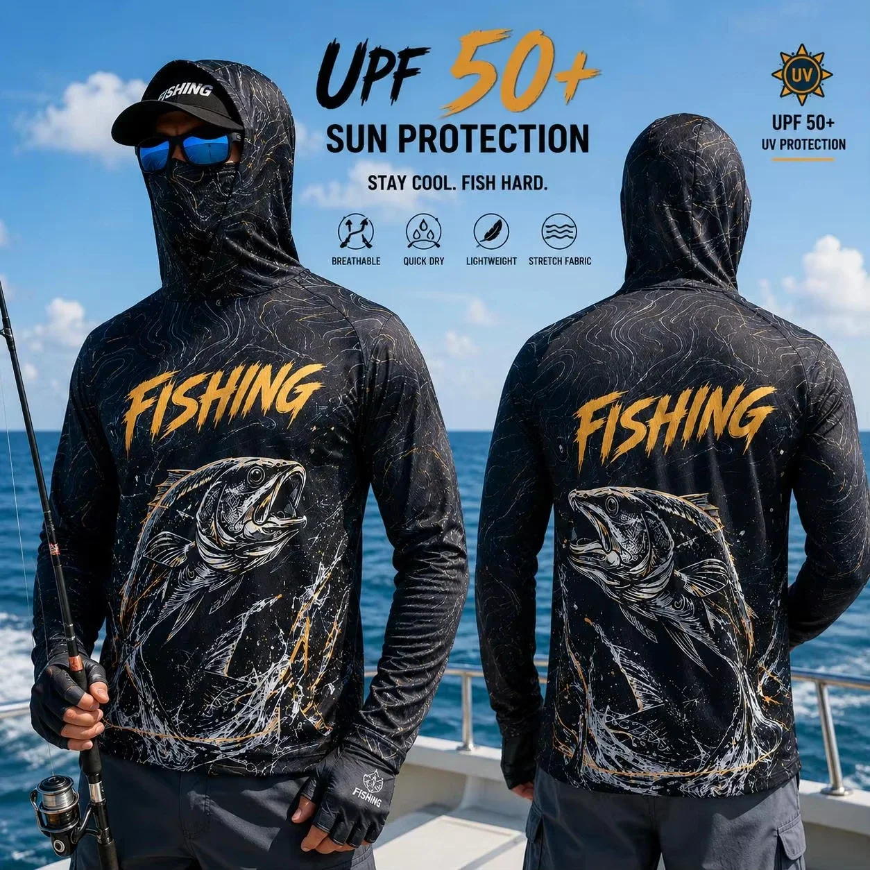 MALFC Men's Long Sleeve Hooded Fishing T-Shirt UV Protection Fishing Apparel
