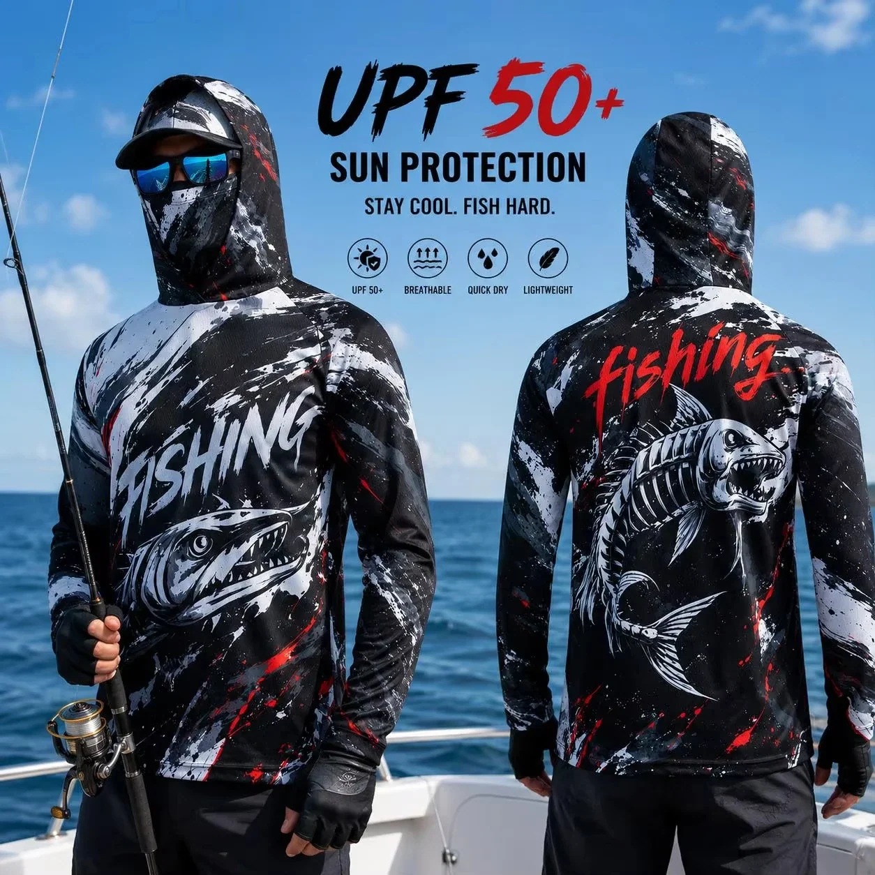 MALFC Men's Long Sleeve Hooded Fishing T-Shirt UV Protection Fishing Apparel
