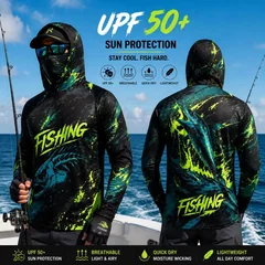 MALFC Men's Long Sleeve Hooded Fishing T-Shirt UV Protection Fishing Apparel