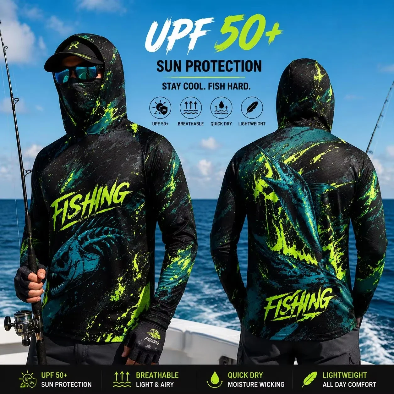 MALFC Men's Long Sleeve Hooded Fishing T-Shirt UV Protection Fishing Apparel