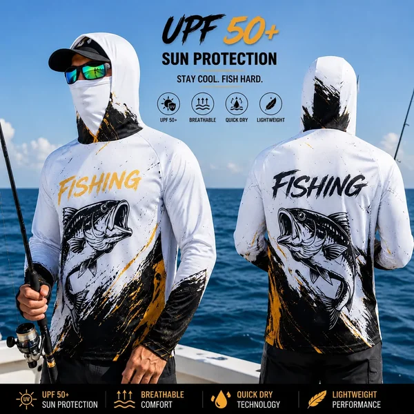 MALFC Men's Long Sleeve Hooded Fishing T-Shirt UV Protection Fishing Apparel