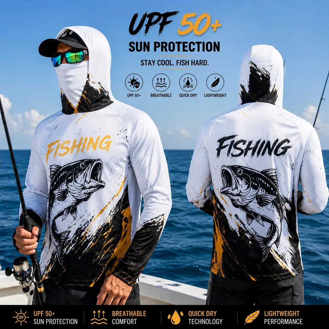 MALFC Men's Long Sleeve Hooded Fishing T-Shirt UV Protection Fishing Apparel