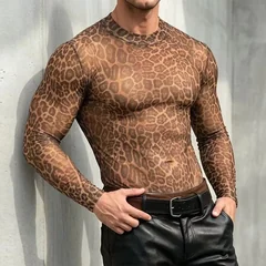 Men's Animal Print Sheer Mesh Long Sleeve Shirt Snake Leopard Pattern Fit Round Neck Tops Gothic Party Layering T-shirt