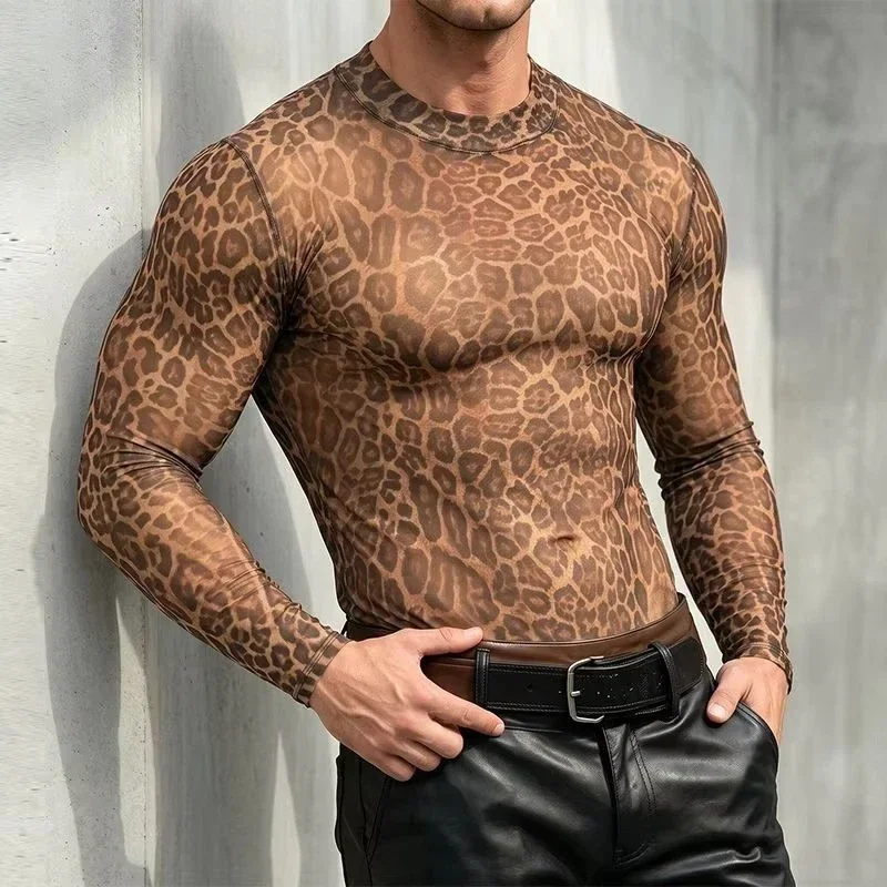Men's Animal Print Sheer Mesh Long Sleeve Shirt Snake Leopard Pattern Fit Round Neck Tops Gothic Party Layering T-shirt