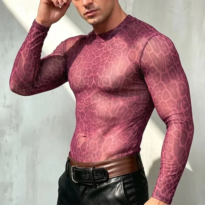 Men's Animal Print Sheer Mesh Long Sleeve Shirt Snake Leopard Pattern Fit Round Neck Tops Gothic Party Layering T-shirt