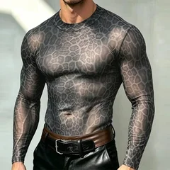 Men's Animal Print Sheer Mesh Long Sleeve Shirt Snake Leopard Pattern Fit Round Neck Tops Gothic Party Layering T-shirt