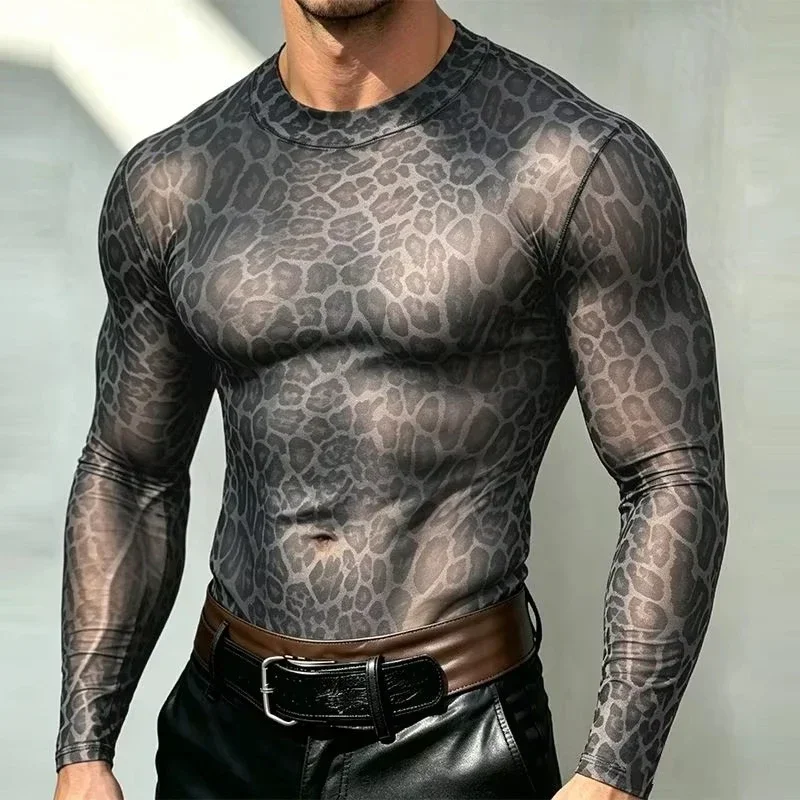 Men's Animal Print Sheer Mesh Long Sleeve Shirt Snake Leopard Pattern Fit Round Neck Tops Gothic Party Layering T-shirt