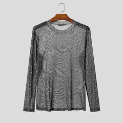 Men's Animal Print Sheer Mesh Long Sleeve Shirt Snake Leopard Pattern Fit Round Neck Tops Gothic Party Layering T-shirt
