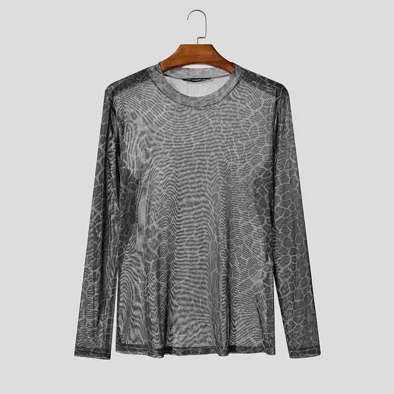 Men's Animal Print Sheer Mesh Long Sleeve Shirt Snake Leopard Pattern Fit Round Neck Tops Gothic Party Layering T-shirt