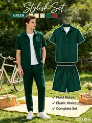 Men'sSummer Waffle Textured 3-in-1 Outfit Set Lapel Short Sleeve Shirt with Long Pants and Shorts Daily Casual Two-Way Wear Suit