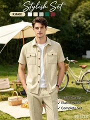 Men'sSummer Waffle Textured 3-in-1 Outfit Set Lapel Short Sleeve Shirt with Long Pants and Shorts Daily Casual Two-Way Wear Suit