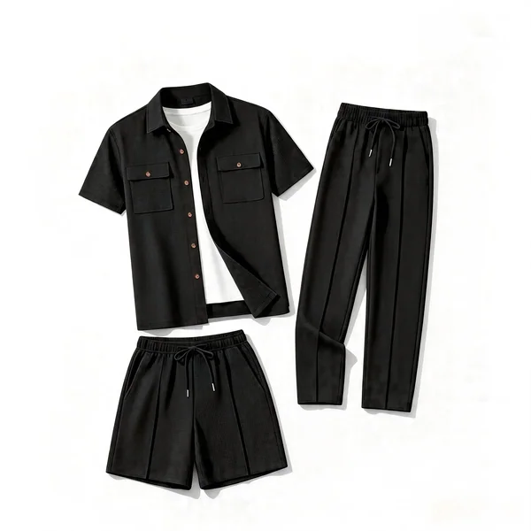 Men'sSummer Waffle Textured 3-in-1 Outfit Set Lapel Short Sleeve Shirt with Long Pants and Shorts Daily Casual Two-Way Wear Suit