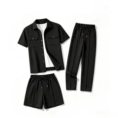 Men'sSummer Waffle Textured 3-in-1 Outfit Set Lapel Short Sleeve Shirt with Long Pants and Shorts Daily Casual Two-Way Wear Suit