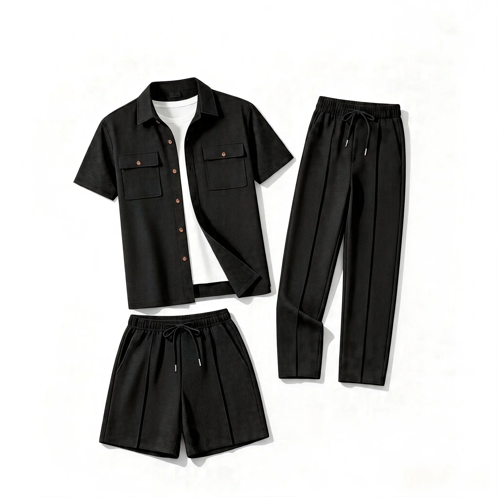 Men'sSummer Waffle Textured 3-in-1 Outfit Set Lapel Short Sleeve Shirt with Long Pants and Shorts Daily Casual Two-Way Wear Suit