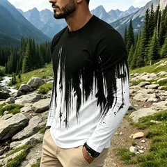 Men's Gradient Ink Splash Long Sleeve T-Shirt Casual Streetwear Crew Neck Tops New Fashion Breathable Print Base Layer Shirt