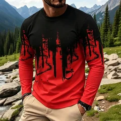 Men's Gradient Ink Splash Long Sleeve T-Shirt Casual Streetwear Crew Neck Tops New Fashion Breathable Print Base Layer Shirt