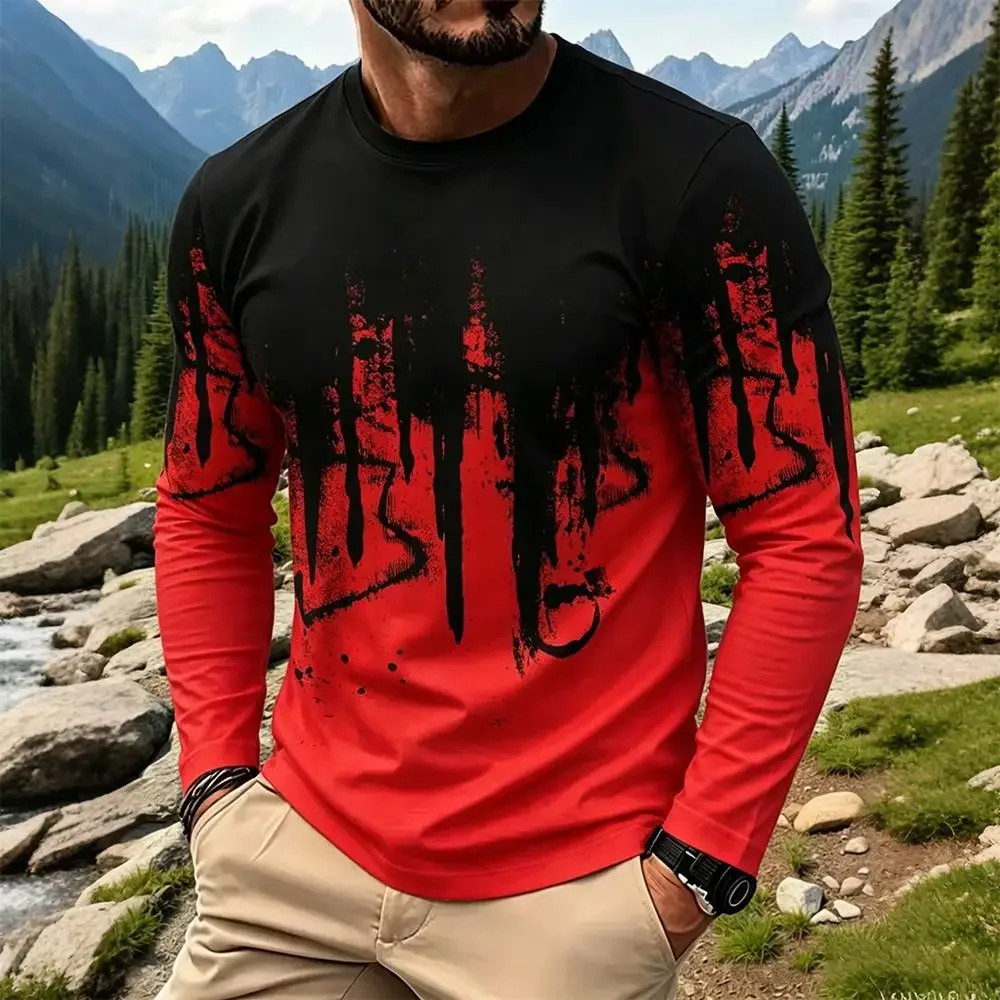 Men's Gradient Ink Splash Long Sleeve T-Shirt Casual Streetwear Crew Neck Tops New Fashion Breathable Print Base Layer Shirt
