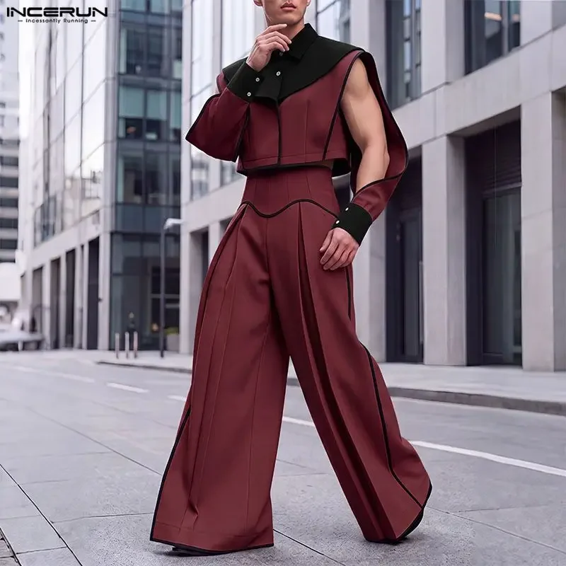 INCERUN Men Sets Patchwork Color-block Split Long Sleeve Crop Jackets Wide Leg Pants Two Piece Sets Streetwear Men Matching Sets