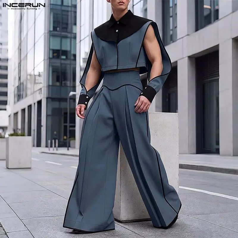 INCERUN Men Sets Patchwork Color-block Split Long Sleeve Crop Jackets Wide Leg Pants Two Piece Sets Streetwear Men Matching Sets