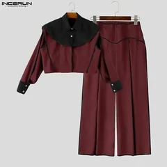 INCERUN Men Sets Patchwork Color-block Split Long Sleeve Crop Jackets Wide Leg Pants Two Piece Sets Streetwear Men Matching Sets