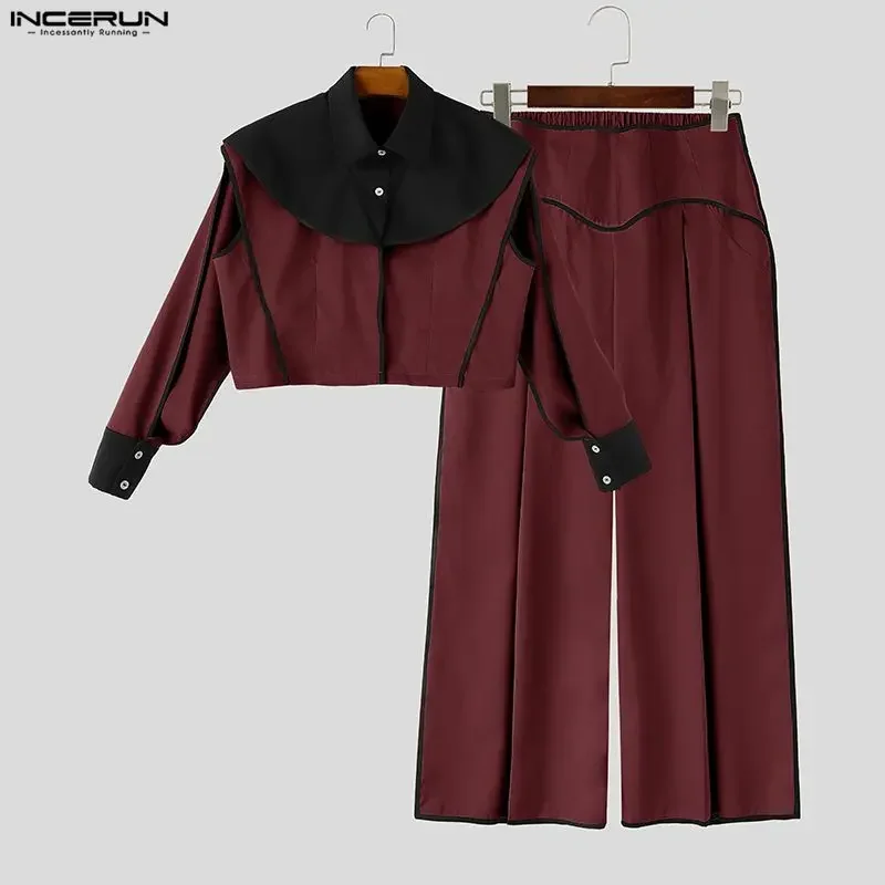 INCERUN Men Sets Patchwork Color-block Split Long Sleeve Crop Jackets Wide Leg Pants Two Piece Sets Streetwear Men Matching Sets