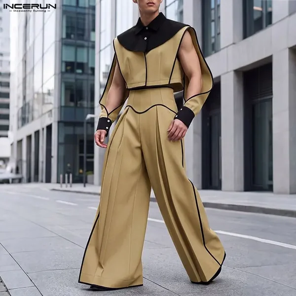 INCERUN Men Sets Patchwork Color-block Split Long Sleeve Crop Jackets Wide Leg Pants Two Piece Sets Streetwear Men Matching Sets