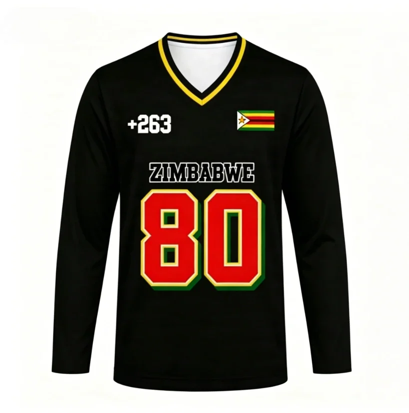 Zimbabwe unisex V-neck long sleeved shirt with breathable and quick drying design, versatile and stylish print design