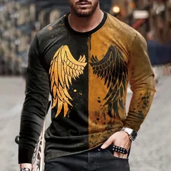 2026 Autumn/Winter Men's Jesus Christ Pattern T-shirt, Cross Wings, 3D Printed T-shirt, Casual Long Sleeve, Loose Round Neck Top