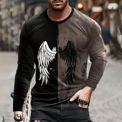 2026 Autumn/Winter Men's Jesus Christ Pattern T-shirt, Cross Wings, 3D Printed T-shirt, Casual Long Sleeve, Loose Round Neck Top