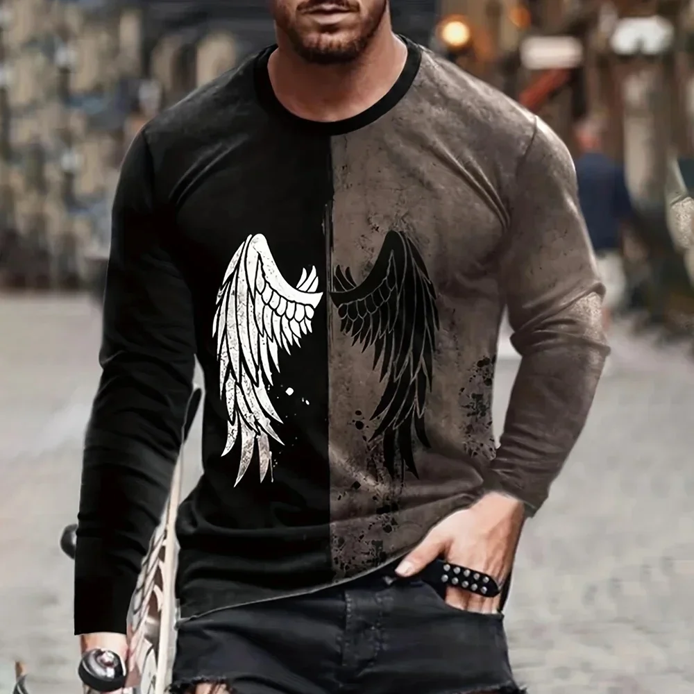 2026 Autumn/Winter Men's Jesus Christ Pattern T-shirt, Cross Wings, 3D Printed T-shirt, Casual Long Sleeve, Loose Round Neck Top