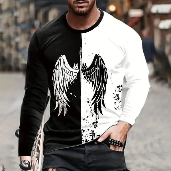 2026 Autumn/Winter Men's Jesus Christ Pattern T-shirt, Cross Wings, 3D Printed T-shirt, Casual Long Sleeve, Loose Round Neck Top