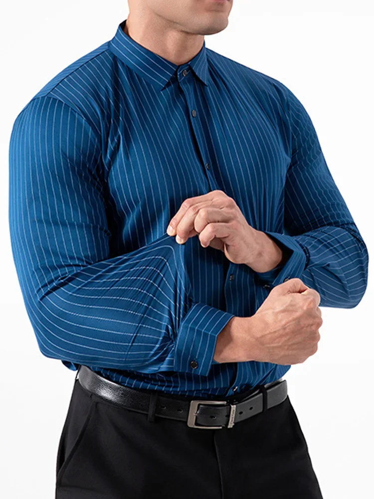 Retro Striped Wrinkle Free Stretch Dress Shirts Men 2026 Fashion Collared Long Sleeve Formal Office Business Casual Shirts Man
