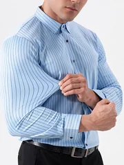 Retro Striped Wrinkle Free Stretch Dress Shirts Men 2026 Fashion Collared Long Sleeve Formal Office Business Casual Shirts Man