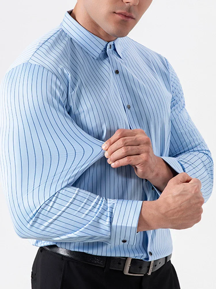 Retro Striped Wrinkle Free Stretch Dress Shirts Men 2026 Fashion Collared Long Sleeve Formal Office Business Casual Shirts Man