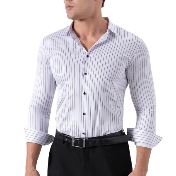 Retro Striped Wrinkle Free Stretch Dress Shirts Men 2026 Fashion Collared Long Sleeve Formal Office Business Casual Shirts Man