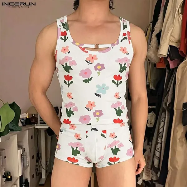 INCERUN Men's Sets Flower Printing Summer Homewear Sleeveless Tank Tops Shorts Two Piece Sets 2026 Casual Unisex Matching Sets