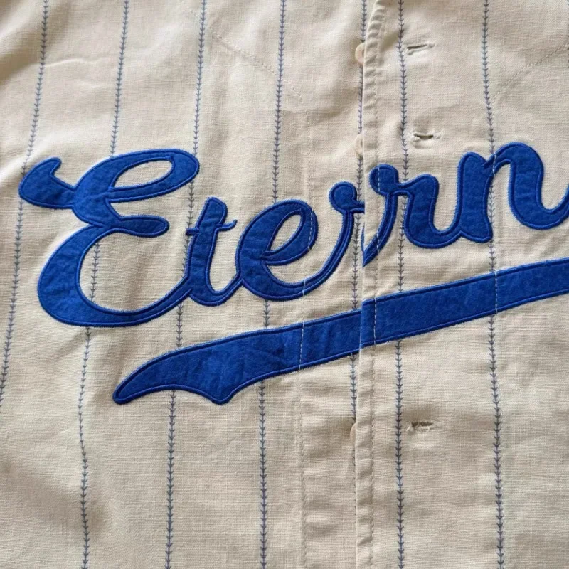 Embroidered Large Letter Saint Short Sleeve Vertical Stripe V-neck Size 42 Baseball Jersey Men Street Single Breasted Cardigan