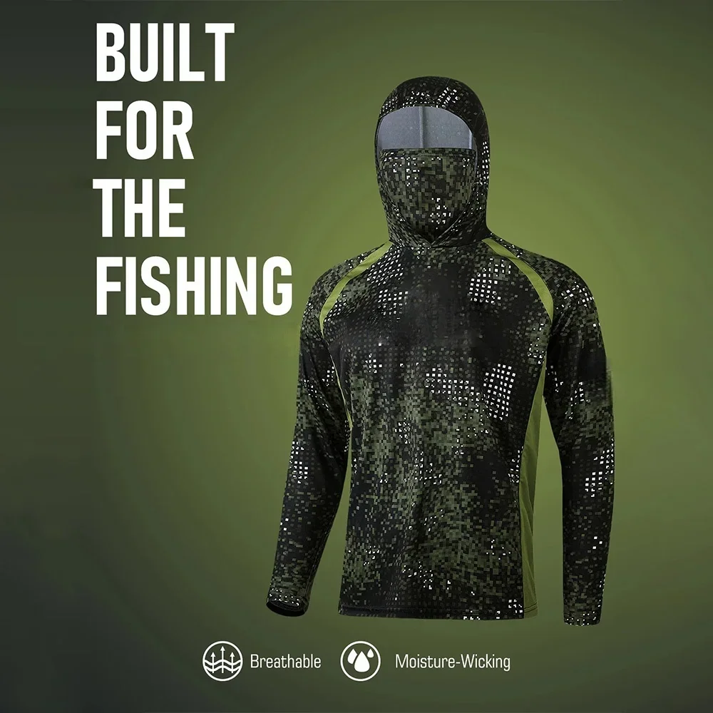 MALFC Fishing Apparel Men Hood Fishing Shirt Long Sleeve Fishing T Shirt UV Protection