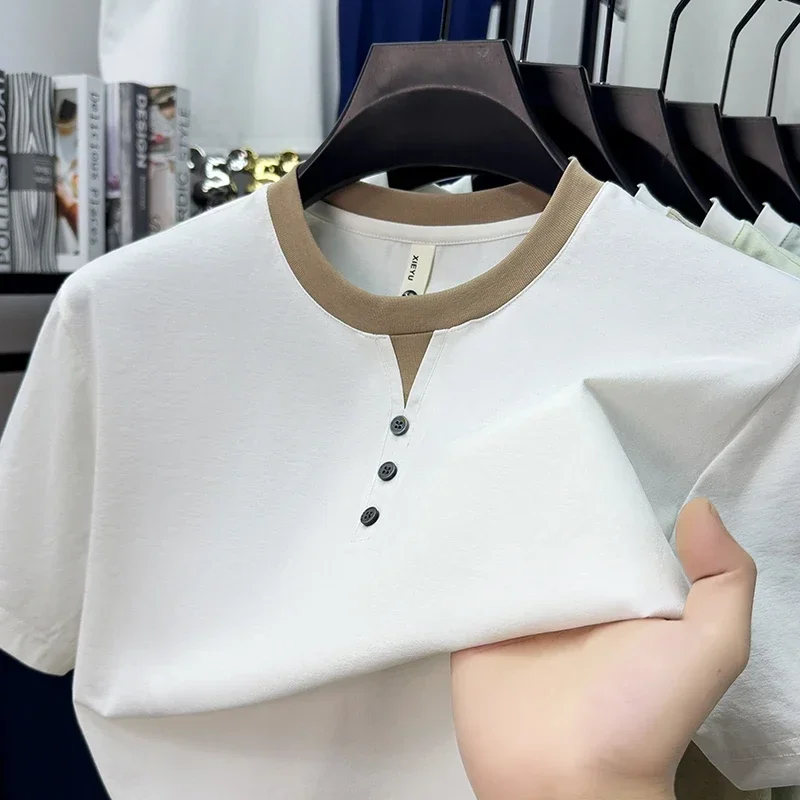 Mens Short Sleeve Henley Neck T Shirts Casual Contrast Trim Soft Comfortable Lightweight Tops for Men Daily Wear Streetwear