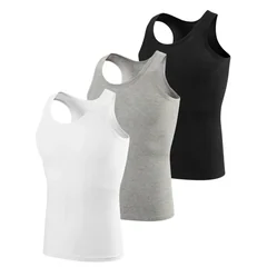 3-piece Men's Seasonal Plus Size Solid Color Casual Vest Comfortable Round Neck Sports And Fitness Top Versatile Soft Base Shirt