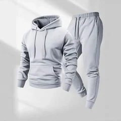 Men Spring Autumn Solid Fleece Hoodie Jogger Pants Two Piece Set Casual Workout Daily Athletic Tracksuit