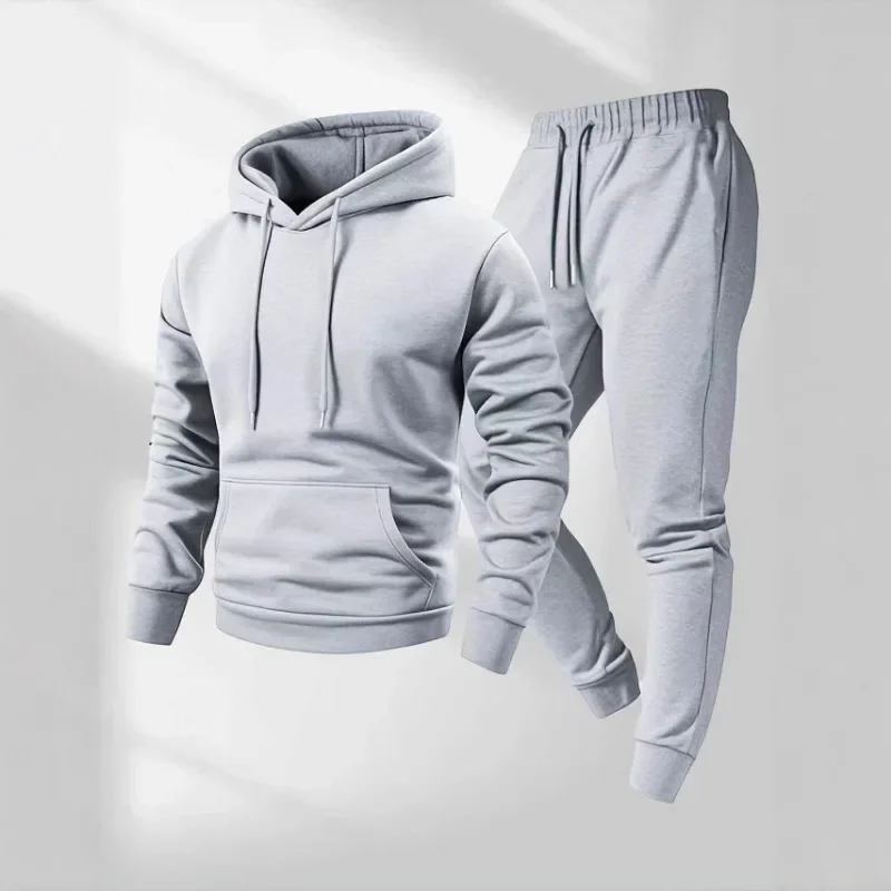 Men Spring Autumn Solid Fleece Hoodie Jogger Pants Two Piece Set Casual Workout Daily Athletic Tracksuit
