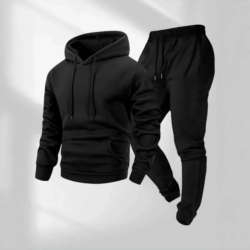 Men Spring Autumn Solid Fleece Hoodie Jogger Pants Two Piece Set Casual Workout Daily Athletic Tracksuit