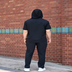 Men Subtle Jacquard Zip Hoodie 2-Piece Set, Short Sleeve Hoodie + Straight Long Pants, Lightweight Summer Casual Outfit