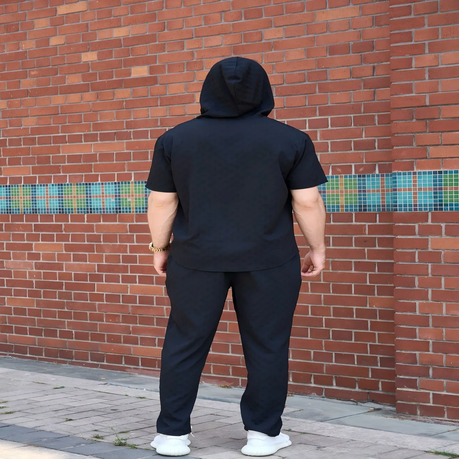 Men Subtle Jacquard Zip Hoodie 2-Piece Set, Short Sleeve Hoodie + Straight Long Pants, Lightweight Summer Casual Outfit
