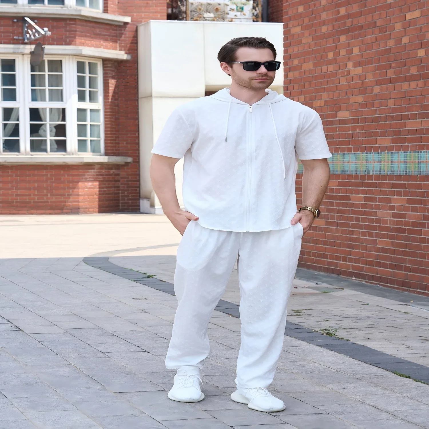Men Subtle Jacquard Zip Hoodie 2-Piece Set, Short Sleeve Hoodie + Straight Long Pants, Lightweight Summer Casual Outfit
