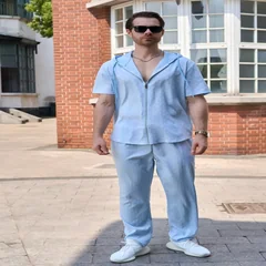 Men Subtle Jacquard Zip Hoodie 2-Piece Set, Short Sleeve Hoodie + Straight Long Pants, Lightweight Summer Casual Outfit