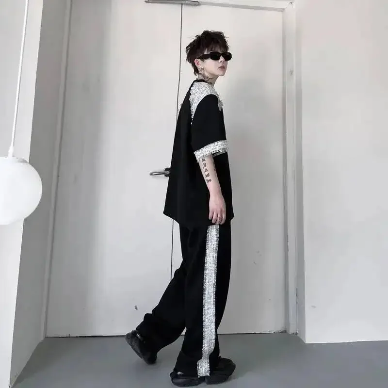 Summer Two Men's Pieces Set Tweed Patchwork Design Short Sleeve T-Shirt And Loose Wide Leg Long Pants Casual Sets OF7V