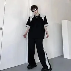 Summer Two Men's Pieces Set Tweed Patchwork Design Short Sleeve T-Shirt And Loose Wide Leg Long Pants Casual Sets OF7V
