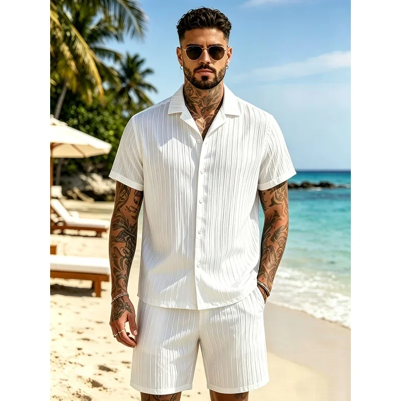 2Men's Summer Casual Suit Set，Cuban collar shirt+Loose-fitting shorts，Comfortable and light beach vacation、Daily clothing、Street